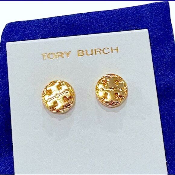 TORY BURCH LOGO STUD 18K GOLD PLATED EARRINGS - Picture 1 of 4